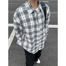 格子翻领长袖衬衫男宽松港风休闲百搭外套大码衬衣CS275-P35，男装衬衫，星座301C-5