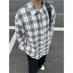 格子翻领长袖衬衫男宽松港风休闲百搭外套大码衬衣 CS275-P35图片