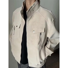 蓝色短款pu皮夹克男立领机车服皮衣工装外套513AJK2358P78，男装皮衣，星座513A
