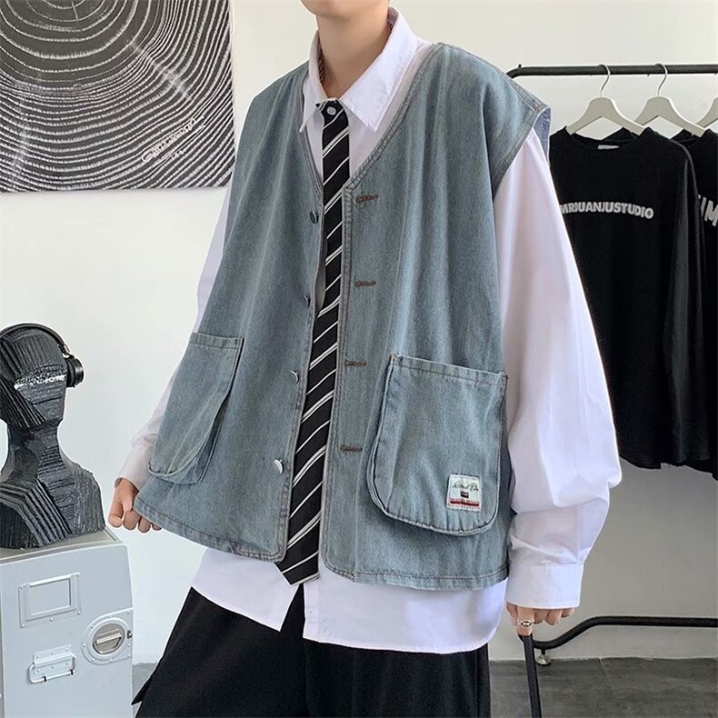 牛仔马甲男潮流坎肩外套百搭秋外穿oversize背心工装潮W5914-P50,男装背心/马甲,星座412-2