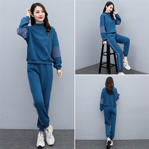 加绒加厚休闲服套装女春秋新款半高领卫衣减龄拼接运动显瘦两件套图片
