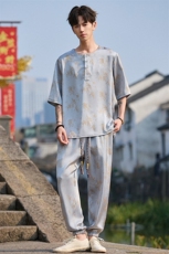 新款风套装夏季新中式九分裤短袖潮大码刺绣TZ2505-P125，男装休闲套装，电商A227