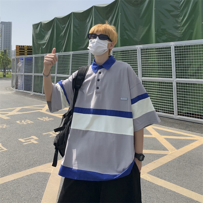 夏季新款港风条纹polo衫短袖男潮流宽松T187-P26,男装Polo衫,星座313A-2