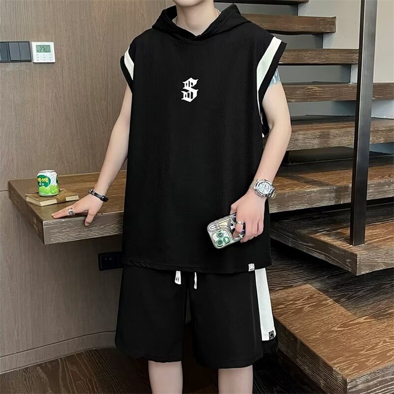 无袖套装男士韩版潮流拼色T恤连帽2024夏季宽松五分裤W5833-P50,男装牛仔裤,星座412-3