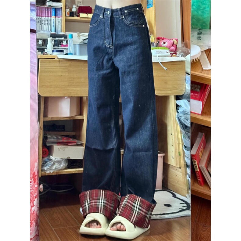 【网图有货】美式格子拼接卷边牛仔裤男女阔腿裤子NZ011CC-特P65,男装牛仔裤,星座1007（原301D）