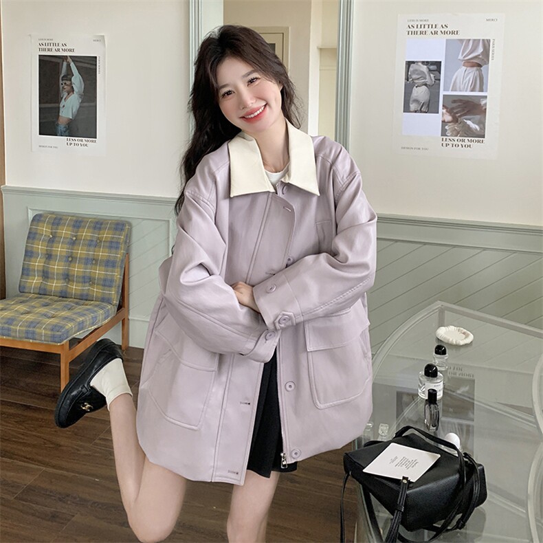 春款【已出货】时尚紫色蛋白皮外套2C110-H7791-P175-K58,女装皮衣,2C110