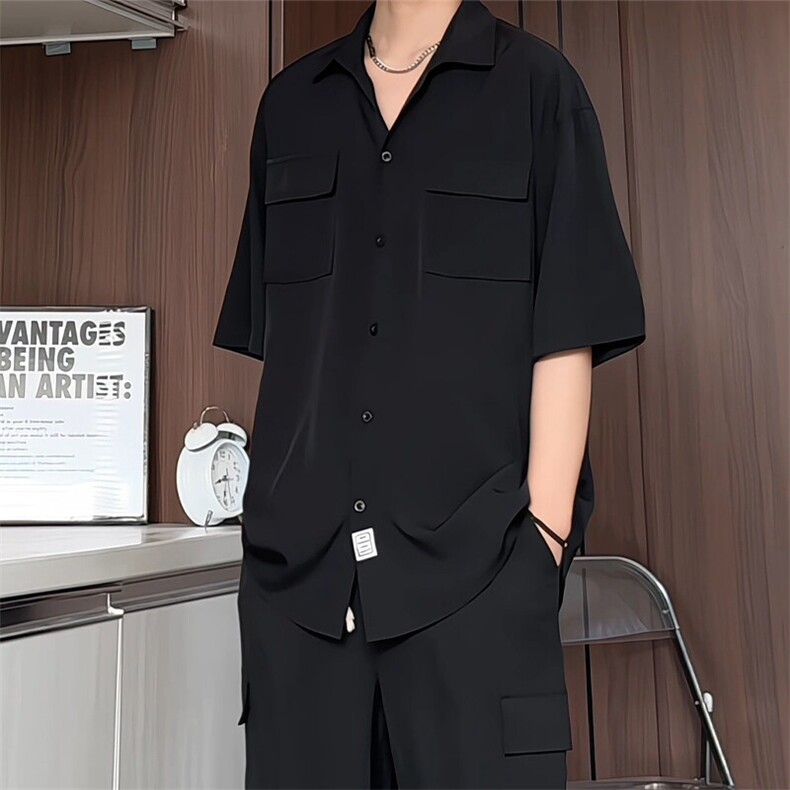 C3070/P35新款港风冰丝工装多口袋短袖衬衣男女潮大码外套衬衫男,男装衬衫,电商A141