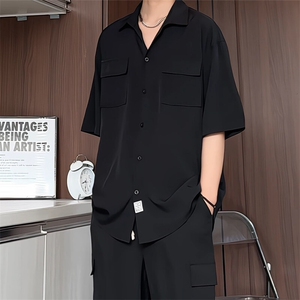 C3070/P35新款港风冰丝工装多口袋短袖衬衣男女潮大码外套衬衫男图片