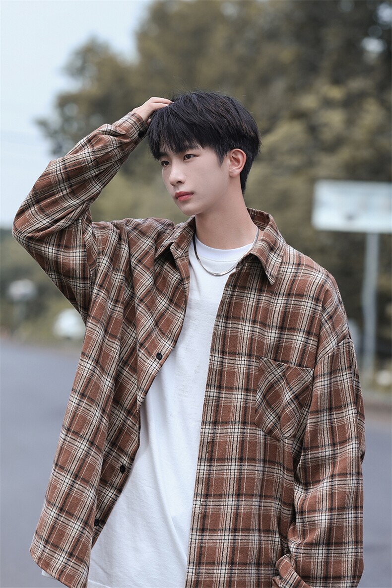 2023新款大货港风格子衬衫男长袖宽松衬衣CS7217P35控58,男装衬衫,电商B413-1