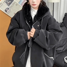 现货高品质美式高街重磅座山雕连帽pu皮棉衣男女加厚毛毛绒冬外套，男装皮衣，电商A443