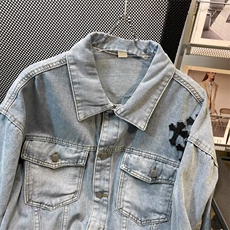 欧美街头十字架牛仔外套男高街潮流宽松上衣情侣装夹克W4493-P66，男装大码男装，星座412-2