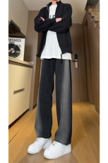 现货黑紫色拼接宽松阔腿直筒撞色休闲牛仔裤男女K5820-P50控78，男装牛仔裤，星座205
