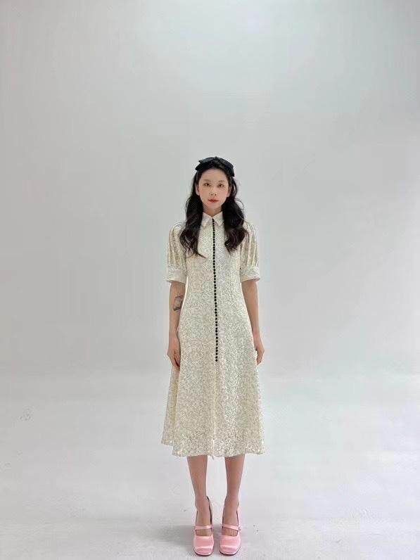 蕾丝泡泡袖连衣裙，女装连衣裙，HE