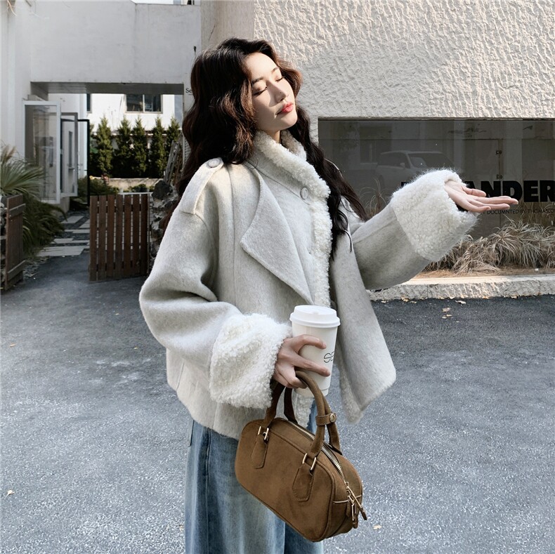 现货！大翻领羊羔毛拼接双面羊毛呢大衣外套女2C325-5757P280K418,女装毛呢外套,2C325