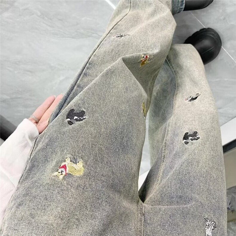 趣味小狗刺绣牛仔裤女潮牌美式复古水洗做旧显瘦高腰直筒百搭裤子图片
