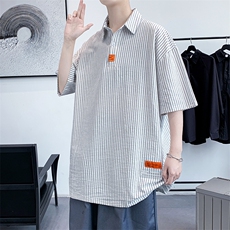 货足8XL-M高街美式POLO衫男2023夏季新款条纹胖子短袖衬衣加大码，男装Polo衫，钱塘717(原712)