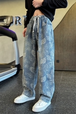 秋冬加绒牛仔裤男士个性树叶印花直筒牛仔弯刀裤潮901N50加绒P68，男装牛仔裤，星座901