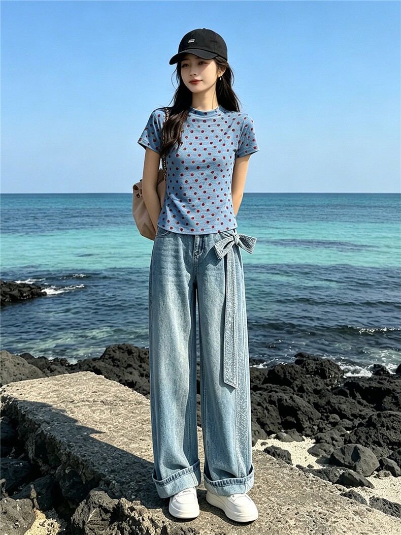 女夏季新款时尚休闲套装蓝色波点上衣烫钻阔腿牛仔长裤两件套显瘦,女装套装/套裙,江南