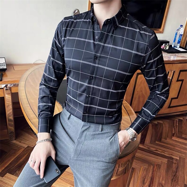 男修身格子衬衫上衣翻领衬衣打底衫C612-P40，男装衬衫，星座1012
