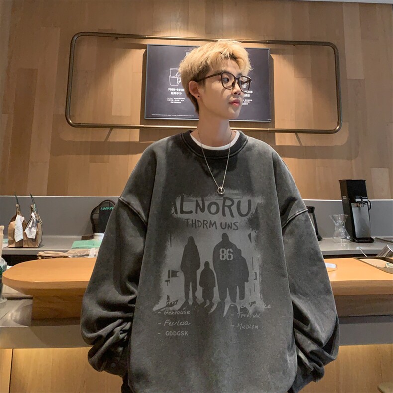 秋冬内景重磅复古水洗圆领卫衣男潮牌宽松做旧打底衫WY00293/P60,男装T恤,电商B316