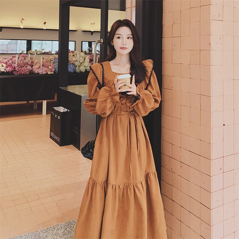 茶歇法式方领长袖连衣裙女春秋2024新款别致独特桔梗显瘦中长裙子,女装连衣裙,浙宝189