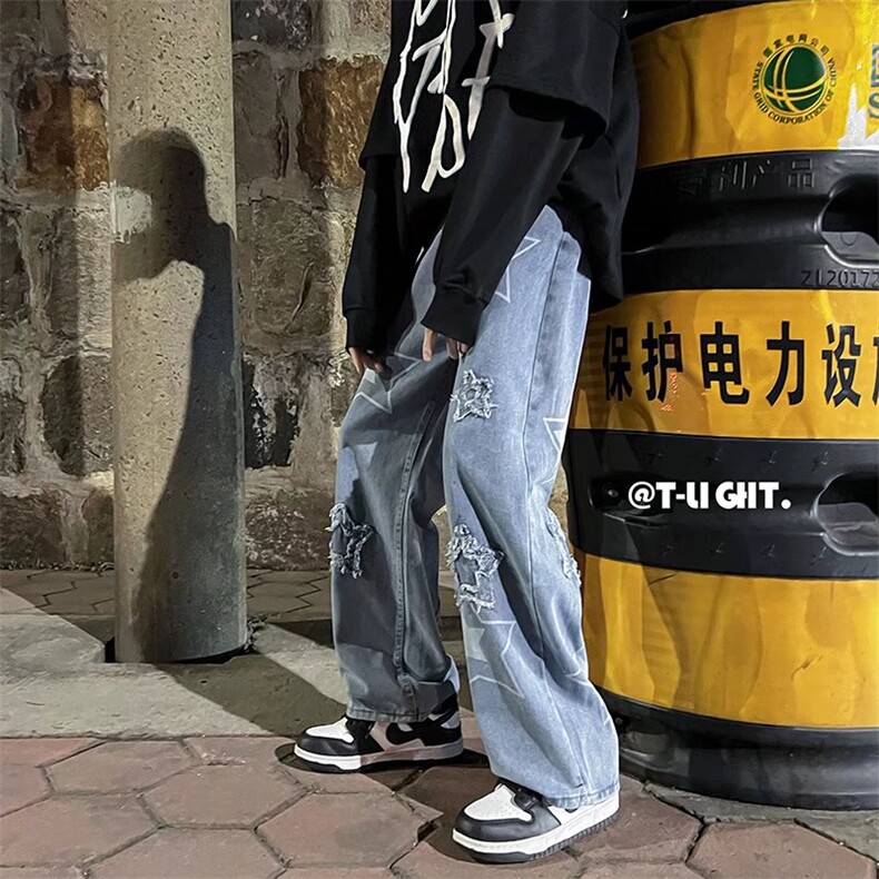 潮牌牛仔裤男宽松痞帅五角星ins韩版直筒裤休闲阔腿长裤N123-p45,男装牛仔裤,星座1008-1