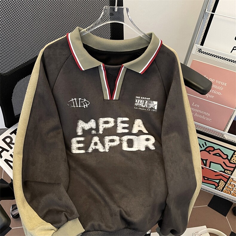 美式秋冬运动撞色Polo衫卫衣男宽松休闲l鹿皮绒上衣潮WY0128-P52,男装卫衣,星座308B-1