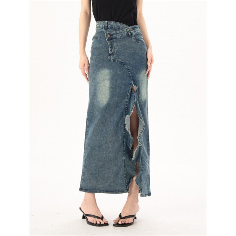 3975-P52美式复古不规则牛仔半身裙夏季新款开叉高腰鱼尾裙，女装半身裙，电商A306A