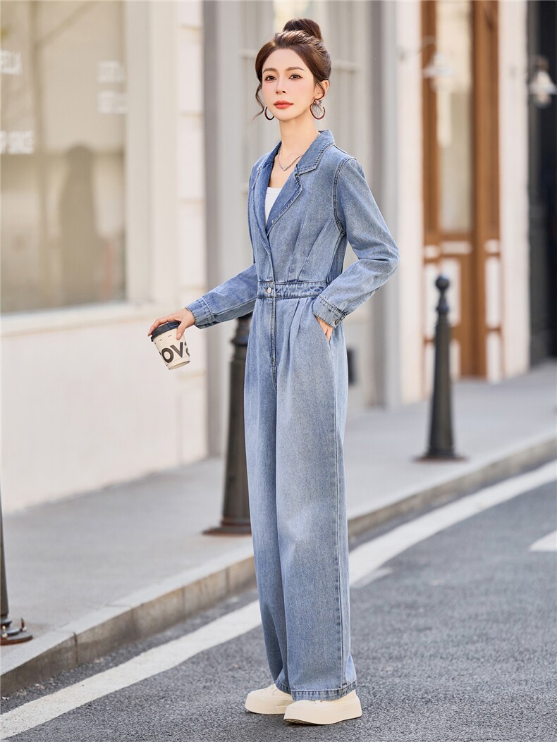 （新款现货）2026春装时尚显瘦西装领工装牛仔阔腿腰带连体裤女,女装连体裤,印象茜