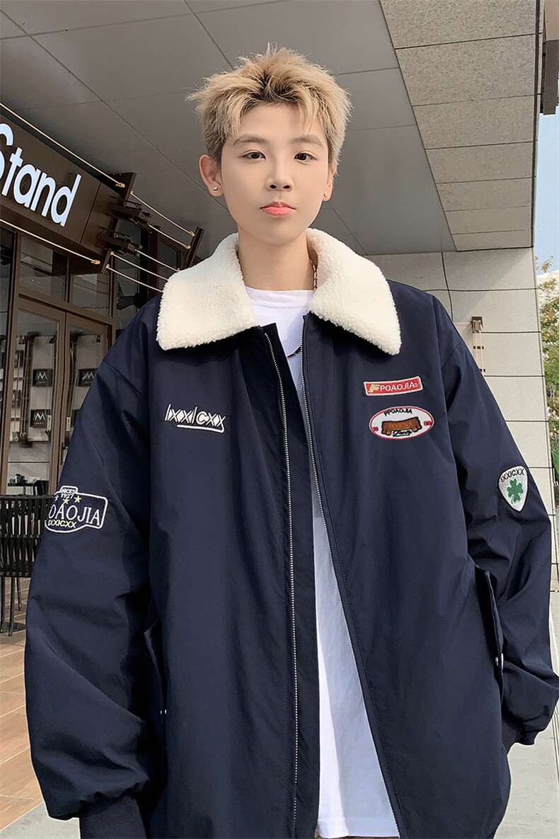 羊羔绒翻领棉服大码中性加棉保暖夹克棒球服外套M2931-特P75控108,男装棉衣,电商A001