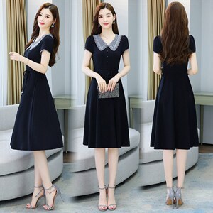 2022新款女装高端气质洋气裙子娃娃领雪纺连衣裙夏，女装连衣裙，美吧服饰