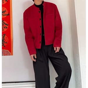 酒红色垫肩立领短款西装外套男春秋季修身百搭痞帅夹克西服-XF9图片
