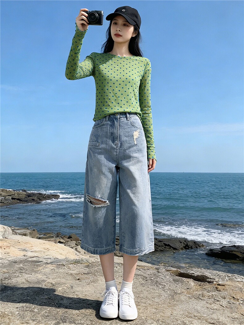 个性时尚套装女夏季新款圆领波点网纱长袖宽松破洞牛仔中裤两件套,女装套装/套裙,江南