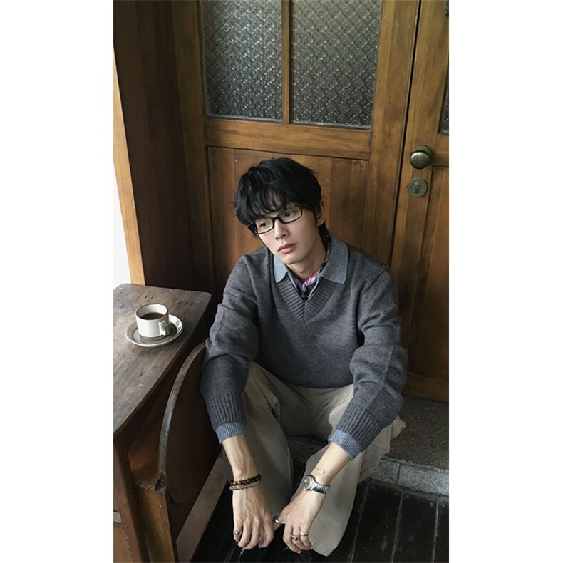 重磅北极绒假两件衬衫领毛衣美式高街复古休闲慵懒纯色翻领针织衫,男装针织衫/毛衣,电商A486