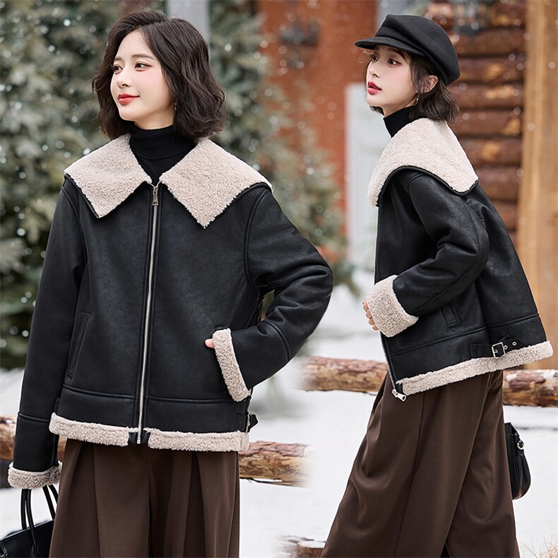 2024冬新款海军大翻领短羊羔毛皮毛一体加绒加厚外套韩系，女装羊羔毛/颗粒绒，美拉德工厂直营店