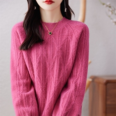 秋冬新款女士中长款毛衣纯色羊毛上衣宽松圆领针织打底小衫，女装羊毛衫，哲奥羊绒