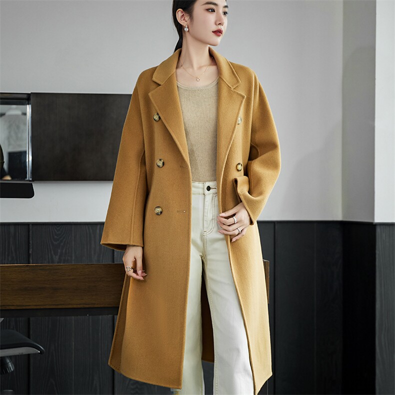 时尚百搭女士双面呢大衣羊毛显瘦修身气质优雅保暖舒适，女装双面呢大衣，岳达羊绒