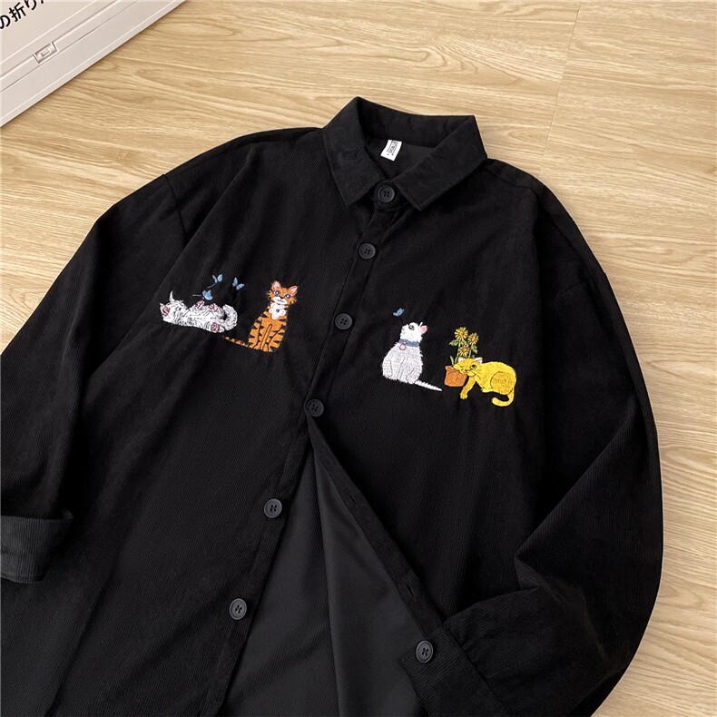 春秋季新款绣花衬衫复古卡通猫咪男女长袖衬衣外套CS0232-P40,男装衬衫,星座308B-2