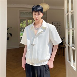 夏季翻领飞机扣男宽松短袖垫肩夹克纯色免烫休闲外套潮1885P120，男装T恤，电商A345