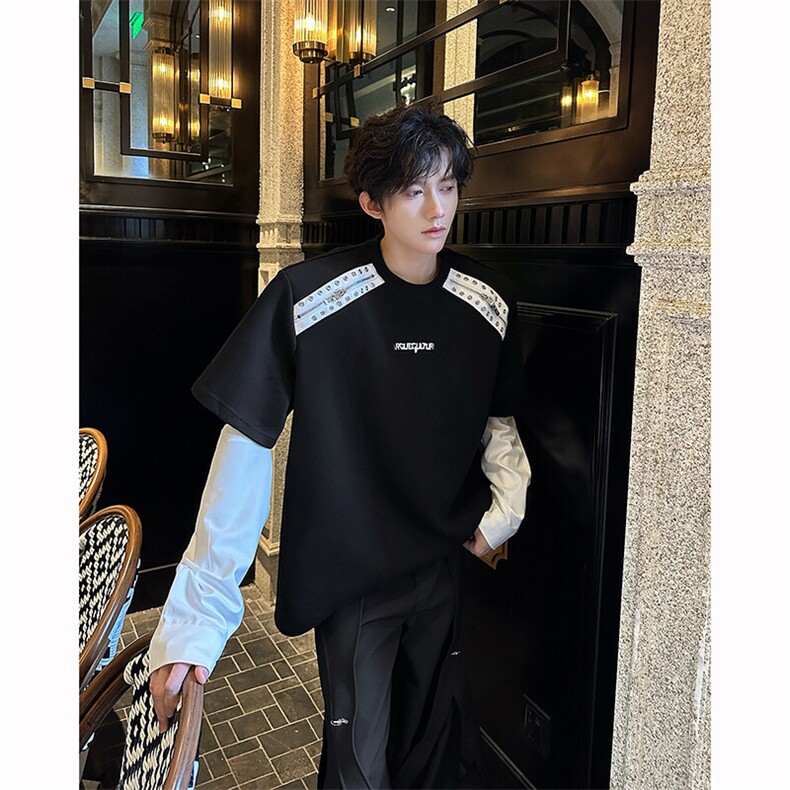 25春季撞色可拆卸衬衫袖金属铆钉垫肩T恤短袖DX174-P78,男装T恤,电商B288