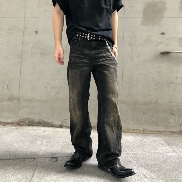 美式高街闪电裂纹微喇牛仔裤男潮牌cleanfit水洗直筒长裤,男装牛仔裤,星座218-8