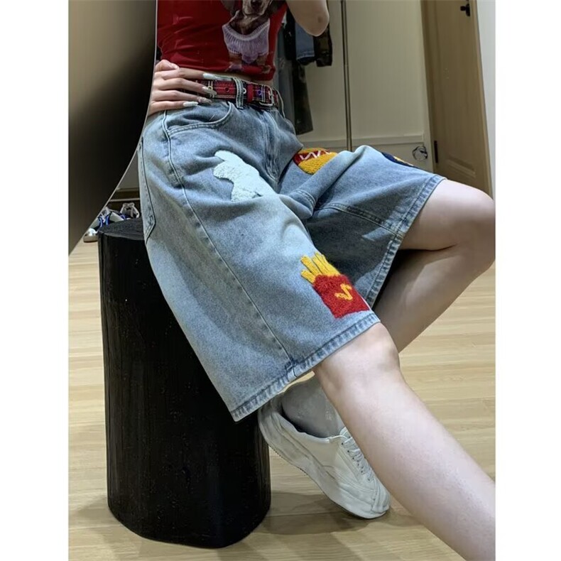 美式复古汉堡薯条毛巾绣牛仔短裤男女夏季潮牌宽松高街阔腿五分裤图片