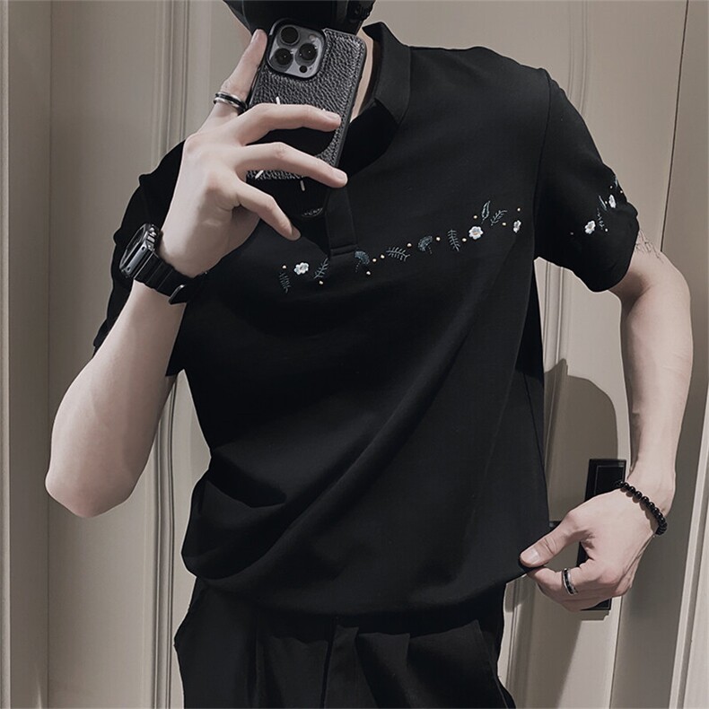 DX13/特P58控78夏社会小伙网眼珠地棉小刺绣翻领POLO短袖T恤黑首1,男装T恤,星座305B-1
