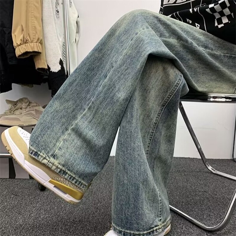 做旧牛仔裤男秋冬美式高街痞帅潮牌宽松直筒阔腿休闲裤70233-p45图片