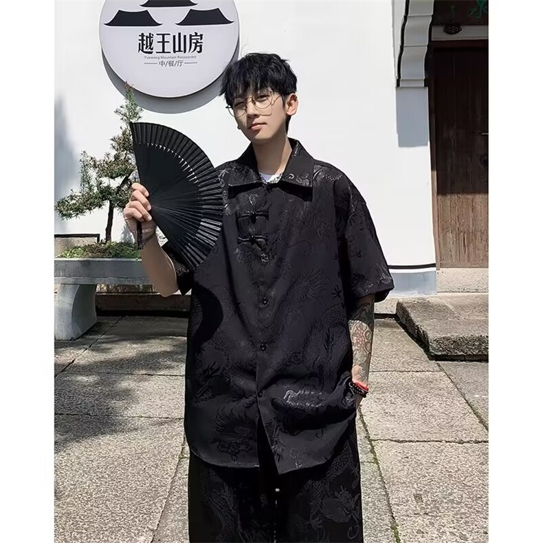夏季风套装唐装宽松短袖中式衬衣长裤TCK02P75，男装休闲套装，星座1116-2