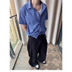 逃离光复南皇家蓝色格纹抽绳短袖衬衫男女短款miu系上衣CS2278，男装T恤，星座208-5