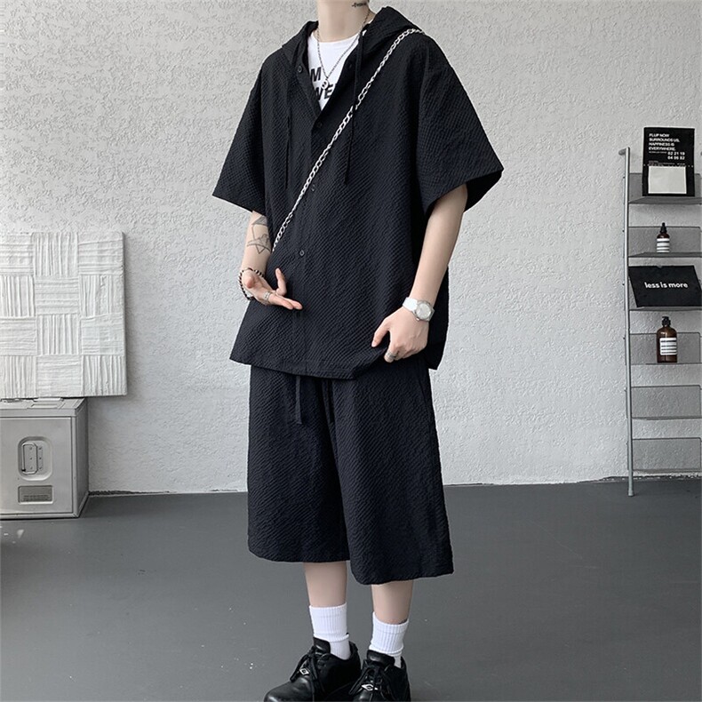 TZ793-特55控98新款速干肌理感连帽男短袖衬衫六分裤大码套装,男装T恤,电商A059