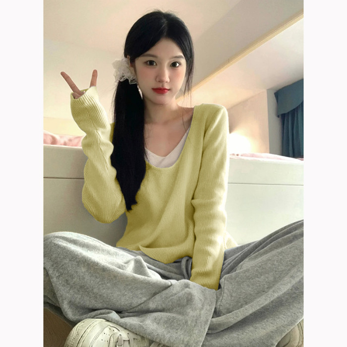 QC021-P4824新款慵懒v领针织衫秋季内搭打底衫毛衣假两件女上衣,女装卫衣/绒衫,星座617A-2