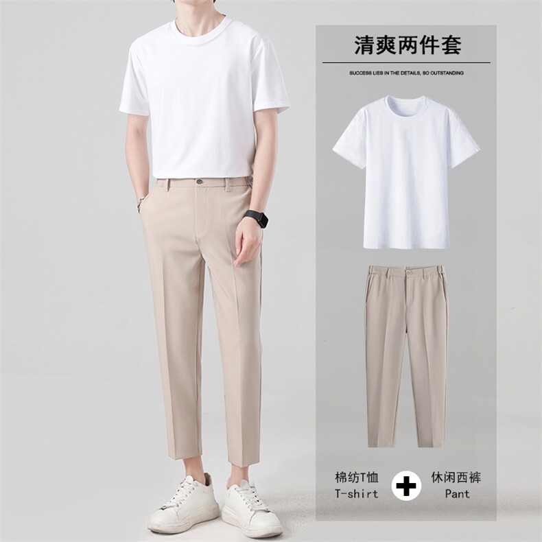 夏季九分西裤男长裤修身韩版港风休闲裤短袖衬衫纯棉套装两件套潮,男装休闲套装,星座505-2（原电商A260-1)