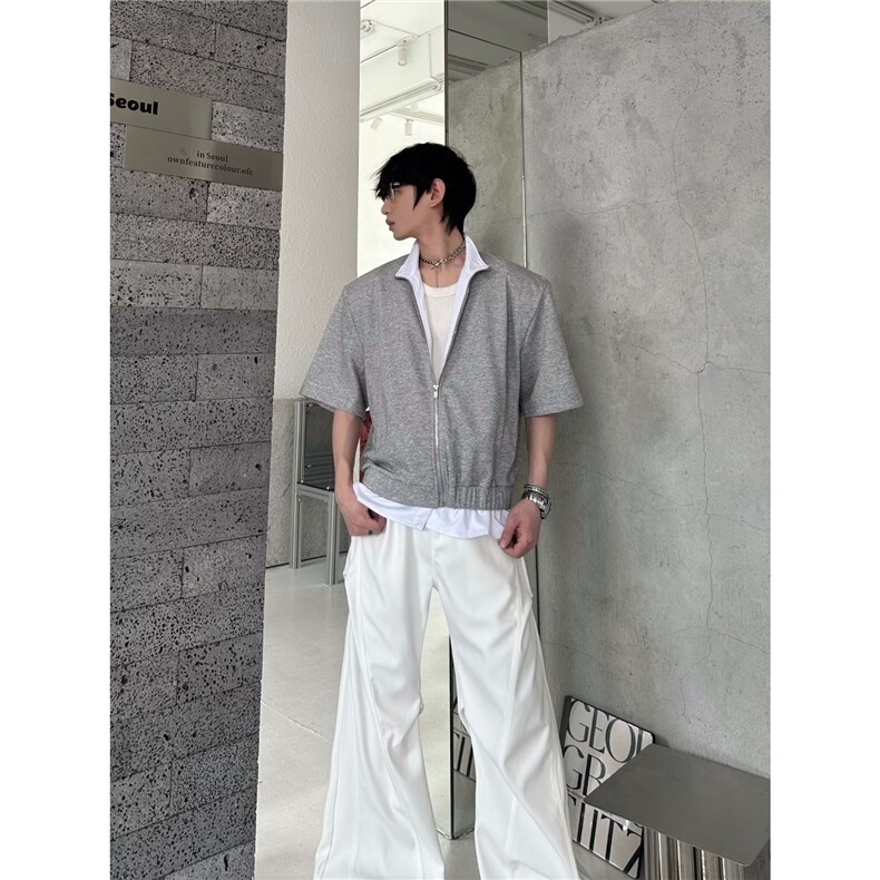 2025新款假两件短款垫肩短袖外套男生夏季痞帅高级感美式短T,男装T恤,星座506A
